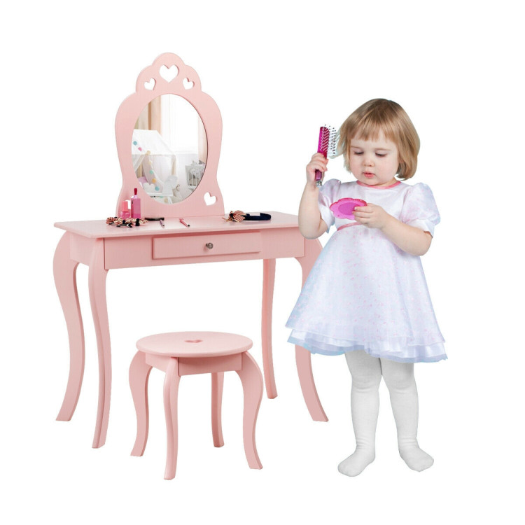 Kids Princess Makeup Dressing Play Table Set with Mirror -PinkCostway Gallery View 8 of 12