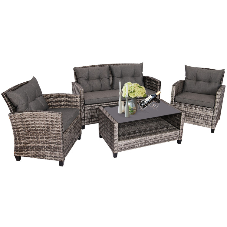 4 Pieces Patio Rattan Furniture Set Coffee Table Cushioned SofaCostway Gallery View 5 of 12