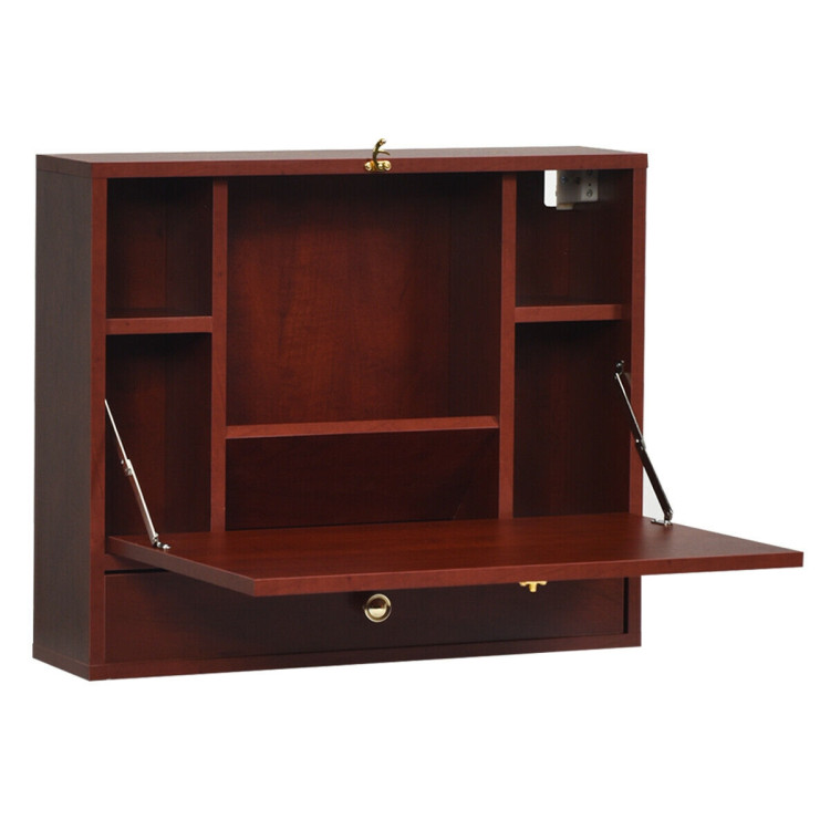 Wall Mounted Folding Laptop Desk Hideaway Storage with Drawer-BrownCostway Gallery View 1 of 10