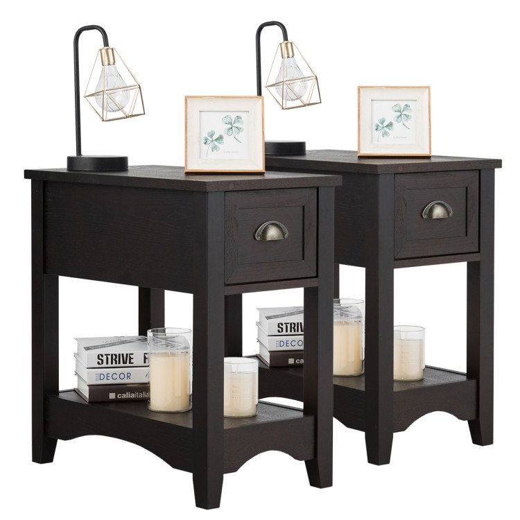 Set of 2 Contemporary Side End Table with Drawer -BrownCostway Gallery View 7 of 10