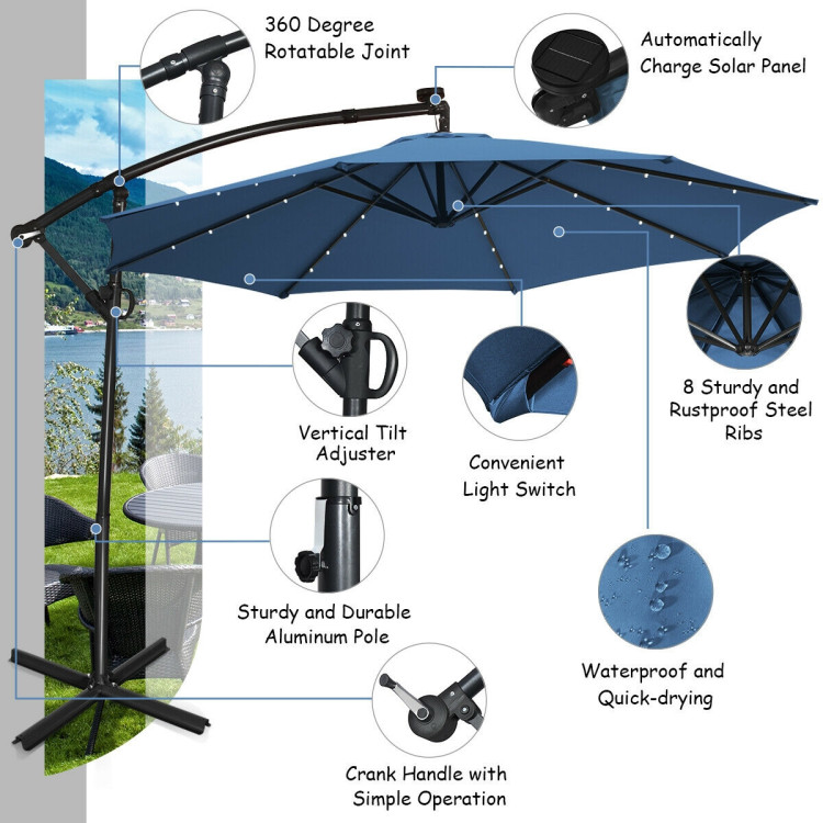 10 Feet 360° Rotation Solar Powered LED Patio Offset Umbrella without  Weight Base - Costway