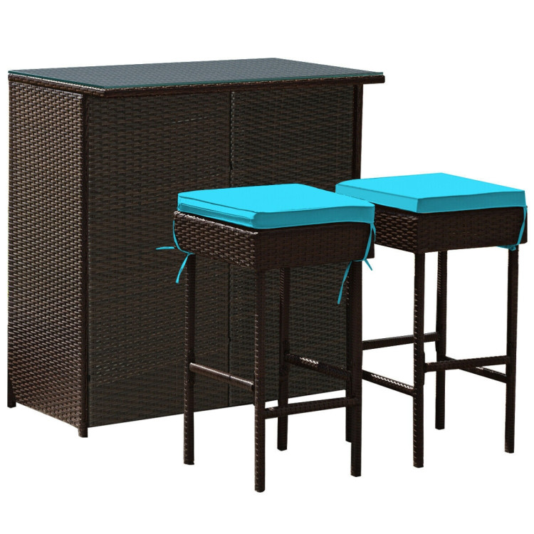 3PCS Patio Rattan Wicker Bar Table Stools Dining Set-TurquoiseCostway Gallery View 3 of 12