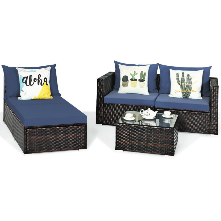 5 Pieces Patio Rattan Sectional Furniture Set with Cushions and Coffee Table -NavyCostway Gallery View 9 of 12