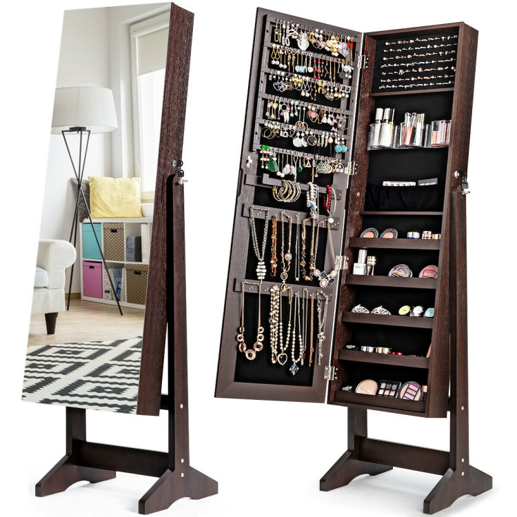 Standing Jewelry Armoire Cabinet with Full Length Mirror-BrownCostway Gallery View 3 of 11