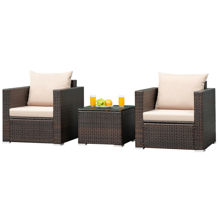 3 Pcs Patio Conversation Rattan Furniture Set with Cushion-BeigeCostway Gallery View 10 of 12