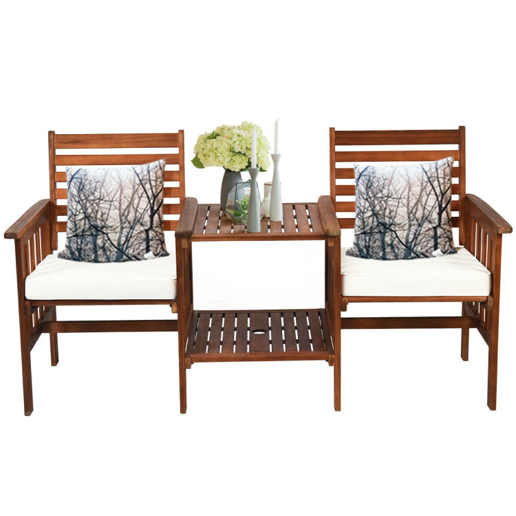 3 pcs Outdoor Patio Table Chairs Set Acacia Wood Loveseat-WhiteCostway Gallery View 8 of 11