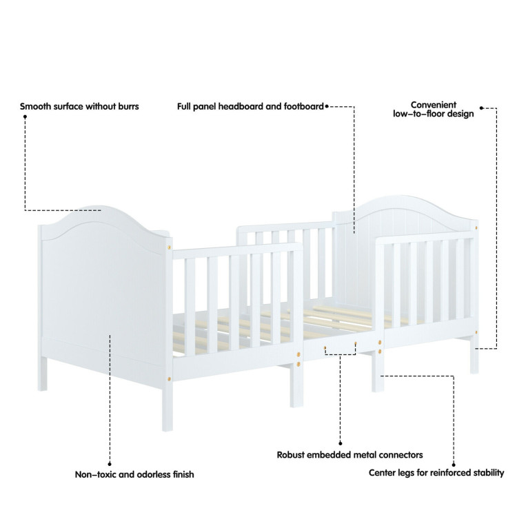 2-in-1 Classic Convertible Wooden Toddler Bed with 2 Side Guardrails for Extra Safety-WhiteCostway Gallery View 12 of 12