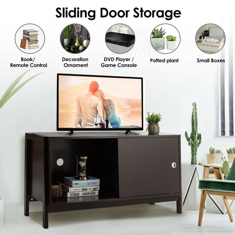 TV Stand Modern Entertainment Cabinet with Sliding Doors-Dark BrownCostway Gallery View 9 of 10