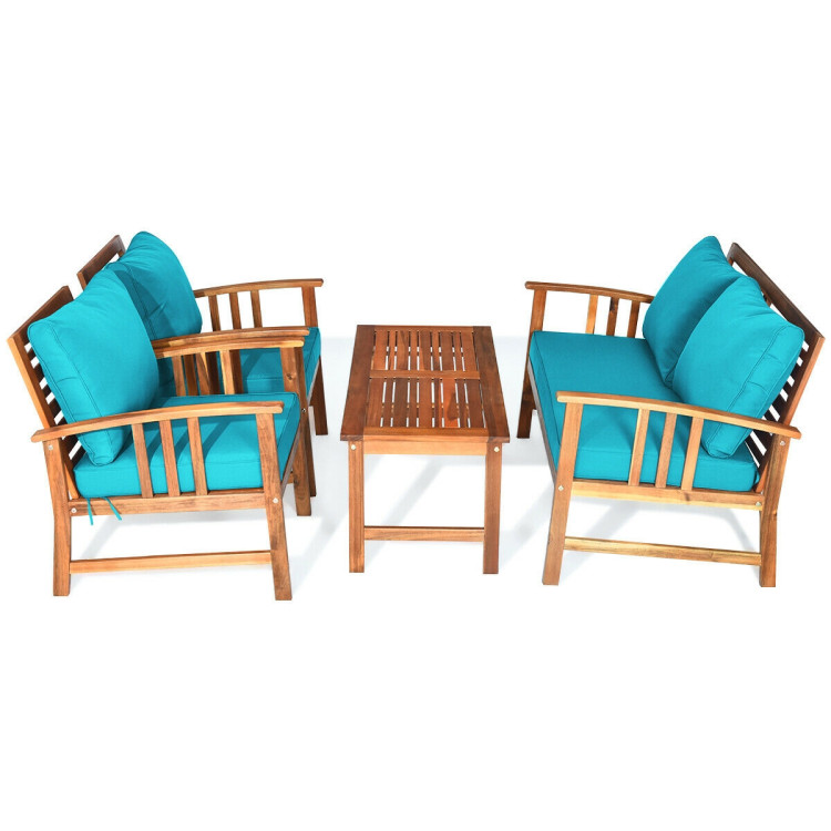 4 Pieces Wooden Patio Furniture Set Table Sofa Chair Cushioned GardenCostway Gallery View 8 of 10