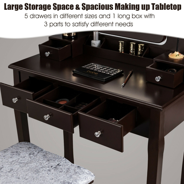 Vanity Dressing Table Set with 10 Dimmable Bulbs and Cushioned Stool-BrownCostway Gallery View 6 of 12