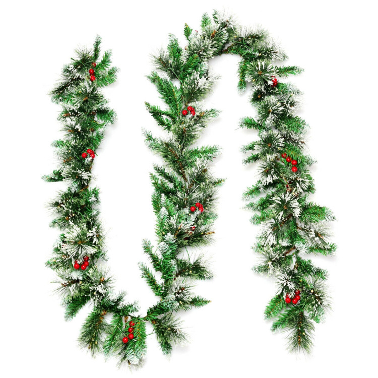 9 Feet Pre-lit Snow Flocked Tips Christmas Garland with Red BerriesCostway Gallery View 6 of 10