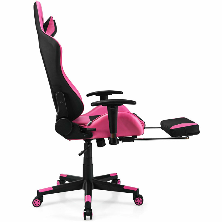 PU Leather Gaming Chair with USB Massage Lumbar Pillow and Footrest -PinkCostway Gallery View 9 of 12