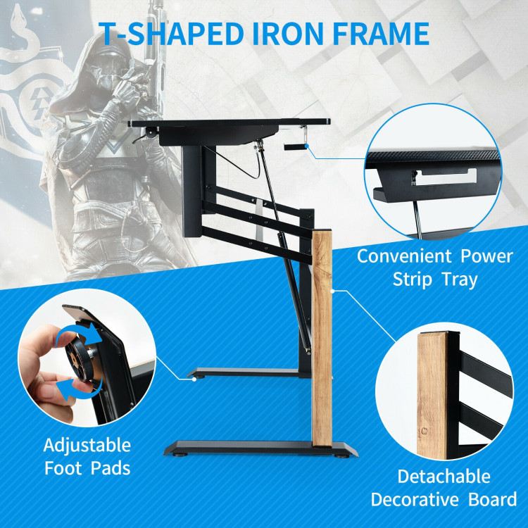 Pneumatic Height Adjustable Gaming Desk T Shaped Game Station with Power Strip Tray-BlackCostway Gallery View 12 of 12