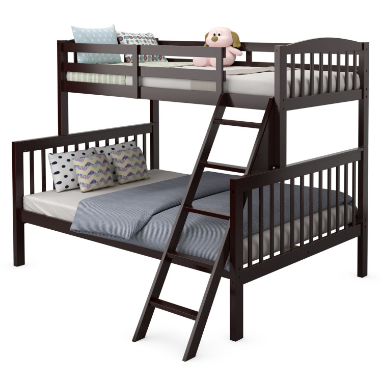 Twin over Full Bunk Bed Rubber Wood Convertible with Ladder Guardrail-EspressoCostway Gallery View 3 of 12