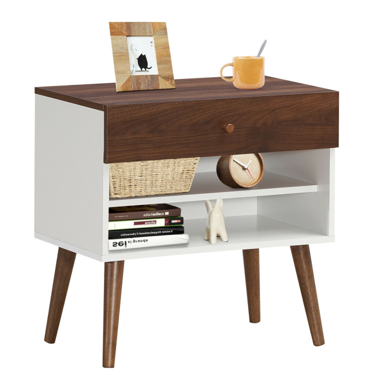 Mid-Century Nightstand with Drawer and Rubber Wood LegsCostway Gallery View 8 of 11