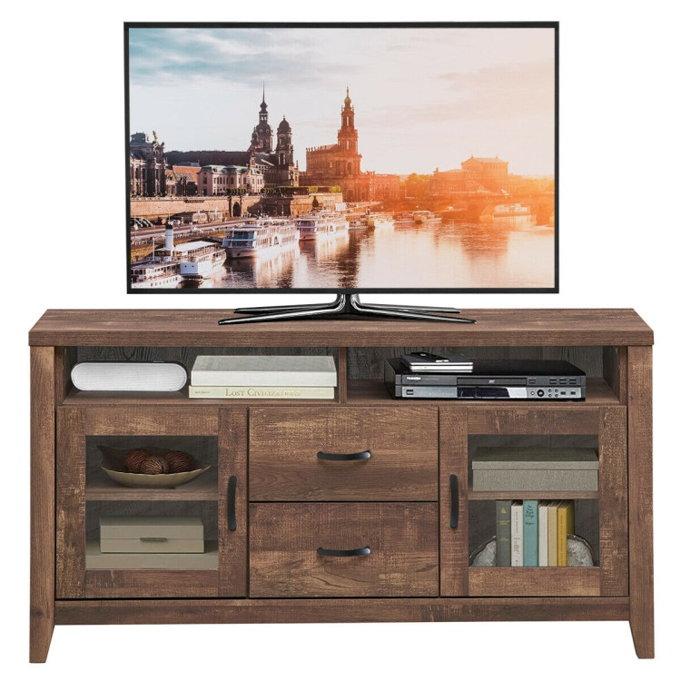 Wooden Retro TV Stand with Drawers and Tempered Glass DoorsCostway Gallery View 9 of 12