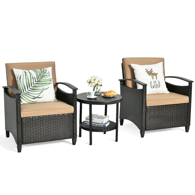 3 Pieces Patio Rattan Furniture Set Cushioned Sofa Storage Table with Shelf GardenCostway Gallery View 1 of 12