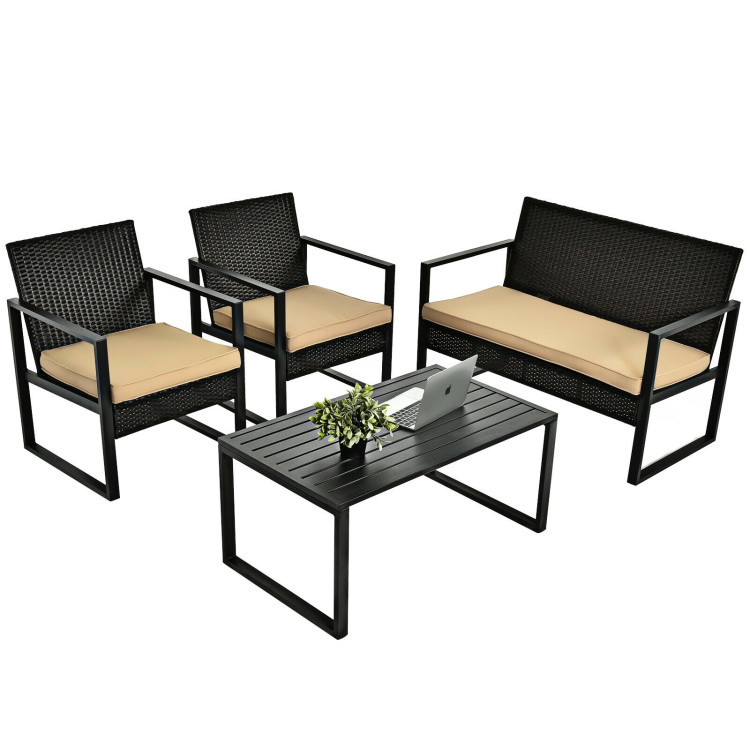 4 Pieces Patio Rattan Furniture Set with Seat Cushions and Coffee TableCostway Gallery View 9 of 11