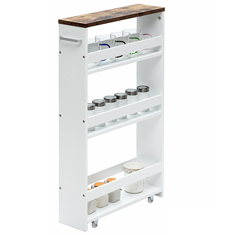 4 Tiers Rolling Slim Storage Kitchen Organizer Cart with Handle-WhiteCostway Gallery View 9 of 11