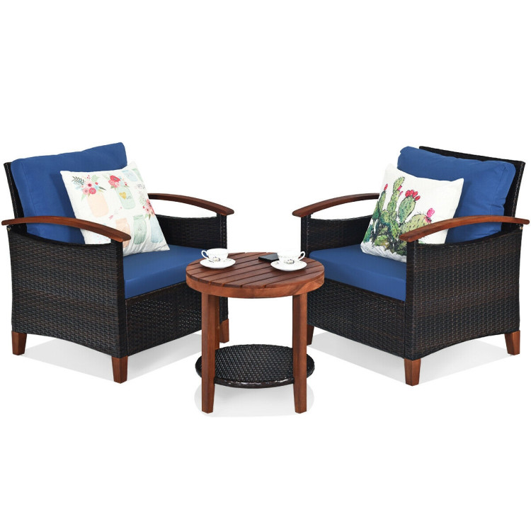 3 Pieces Patio Rattan Furniture Set with Washable Cushion and Acacia Wood Tabletop-BlueCostway Gallery View 9 of 11