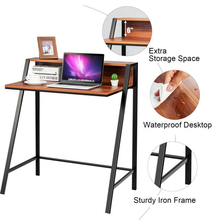 2 Tier Computer Desk PC Laptop Table Study Writing Home Office Workstation New-WalnutCostway Gallery View 11 of 12