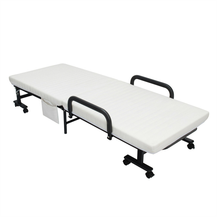 Folding Adjustable Guest Single Bed Lounge Portable with Wheels-WhiteCostway Gallery View 8 of 12