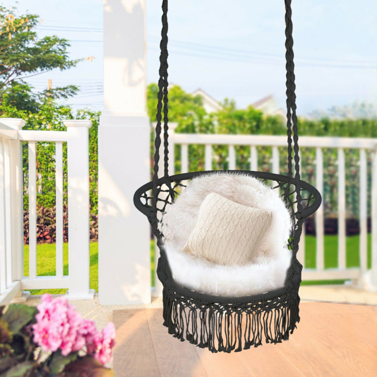 Hanging Hammock Chair with 330 Pounds Capacity and Cotton Rope Handwoven Tassels Design-BlackCostway Gallery View 7 of 11