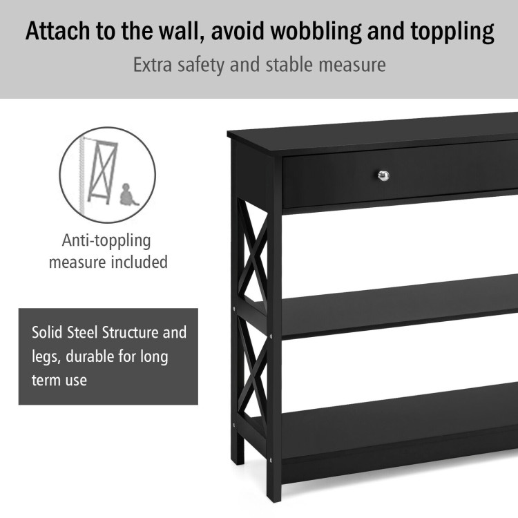 3-Tier Console Table with Drawers for Living Room Entryway-BlackCostway Gallery View 5 of 12