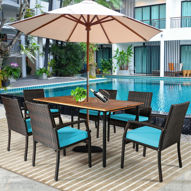 7Pcs Patio Rattan Cushioned Dining Set with Umbrella Hole-TurquoiseCostway Gallery View 9 of 12