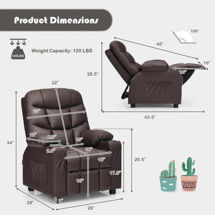 PU Leather Kids Recliner Chair with Cup Holders and Side Pockets-BrownCostway Gallery View 4 of 12