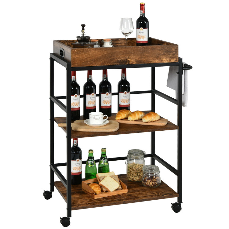 3-Tier Kitchen Serving Bar Cart with Lockable Casters and Handle Rack for Home Pub-Rustic BrownCostway Gallery View 4 of 13