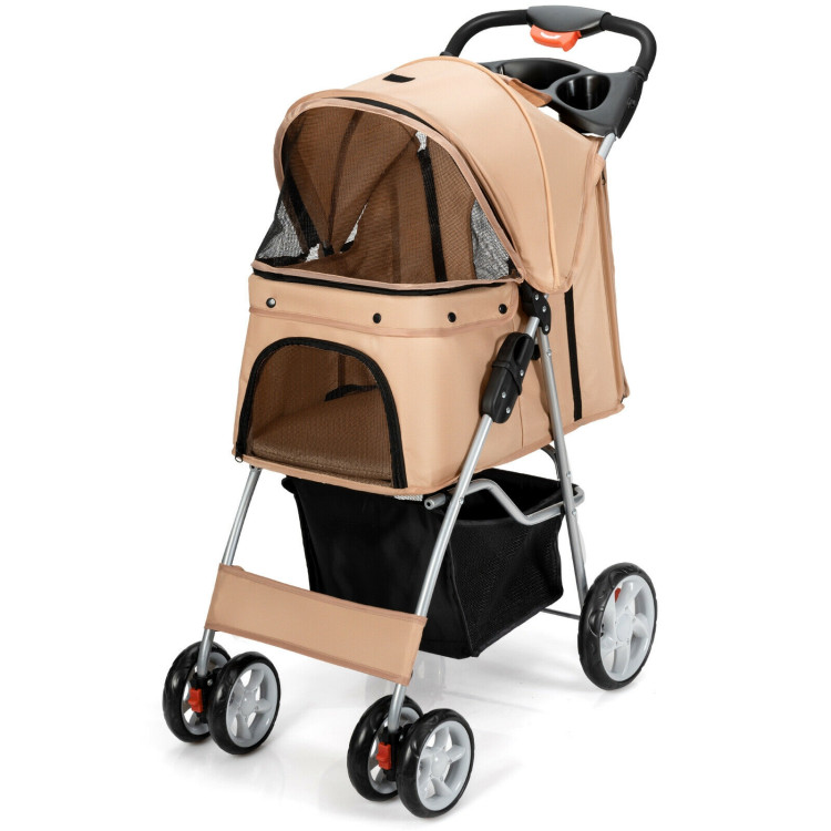 Foldable 4-Wheel Pet Stroller with Storage Basket-BeigeCostway Gallery View 6 of 12