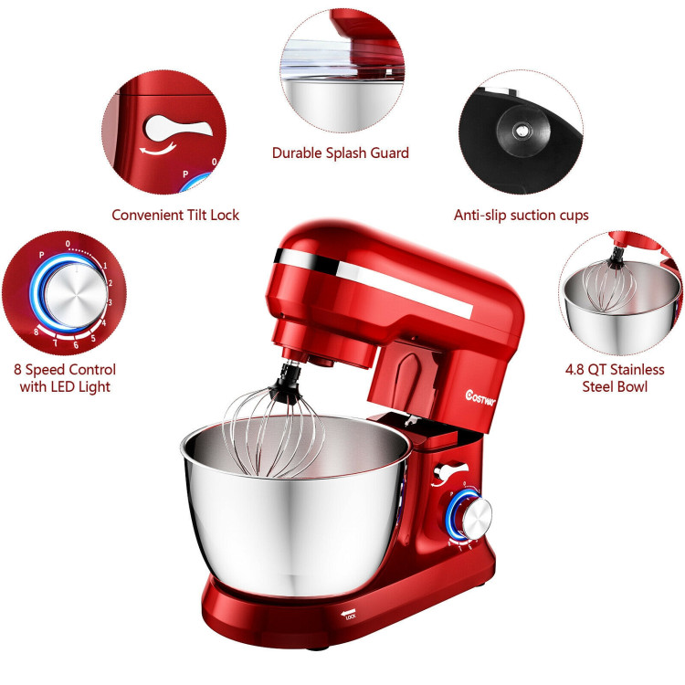 4.8 Qt 8-speed Electric Food Mixer with Dough Hook Beater-RedCostway Gallery View 14 of 15