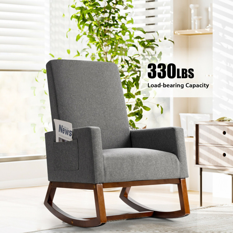 Rocking High Back Upholstered Lounge Armchair with Side Pocket-GrayCostway Gallery View 11 of 12