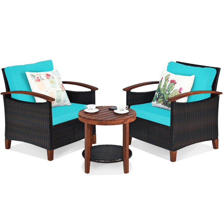 3 Pieces Patio Rattan Furniture Set with Washable Cushion and Acacia Wood Tabletop-TurquoiseCostway Gallery View 8 of 12