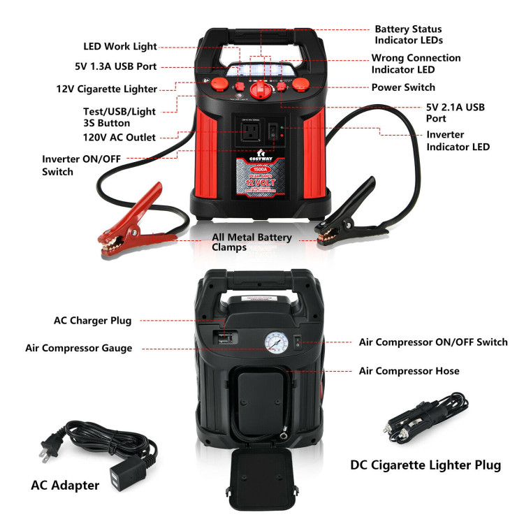 Jump Starter Air Compressor Power Bank Charger with LED Light and DC OutletCostway Gallery View 13 of 13