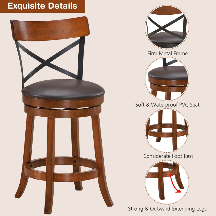 Set of 2 Bar Stools 360-Degree Swivel Dining Bar Chairs with Rubber Wood Legs-25 inchCostway Gallery View 8 of 12