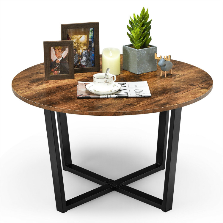 Round Industrial Style Cocktail Side Coffee Table With Metal Frame-BrownCostway Gallery View 9 of 12
