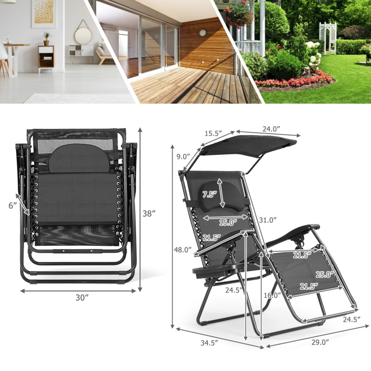 Folding Recliner Lounge Chair with Shade Canopy Cup Holder-BlackCostway Gallery View 4 of 10