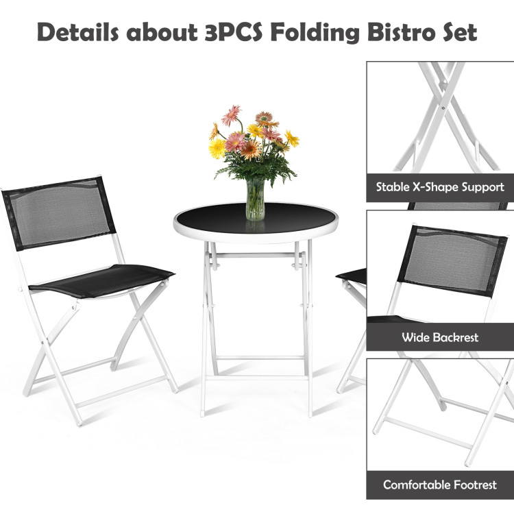 3 Pieces Patio Folding Bistro Set for Balcony or Outdoor Space-BlackCostway Gallery View 5 of 15