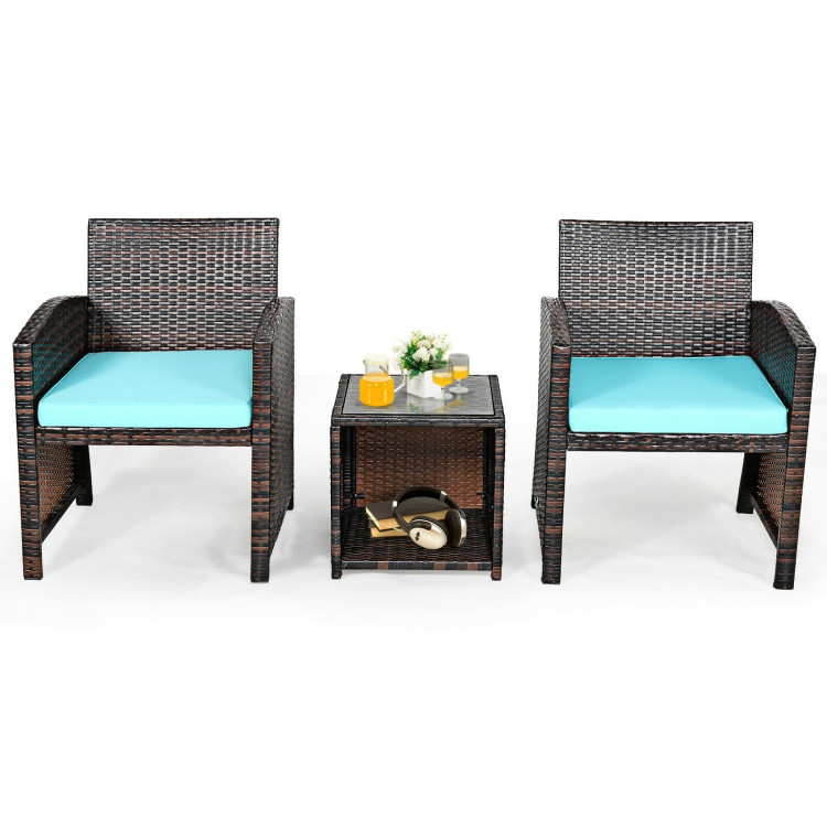 3 Pieces PE Rattan Wicker Furniture Set with Cushion Sofa Coffee Table for Garden-TurquoiseCostway Gallery View 9 of 12