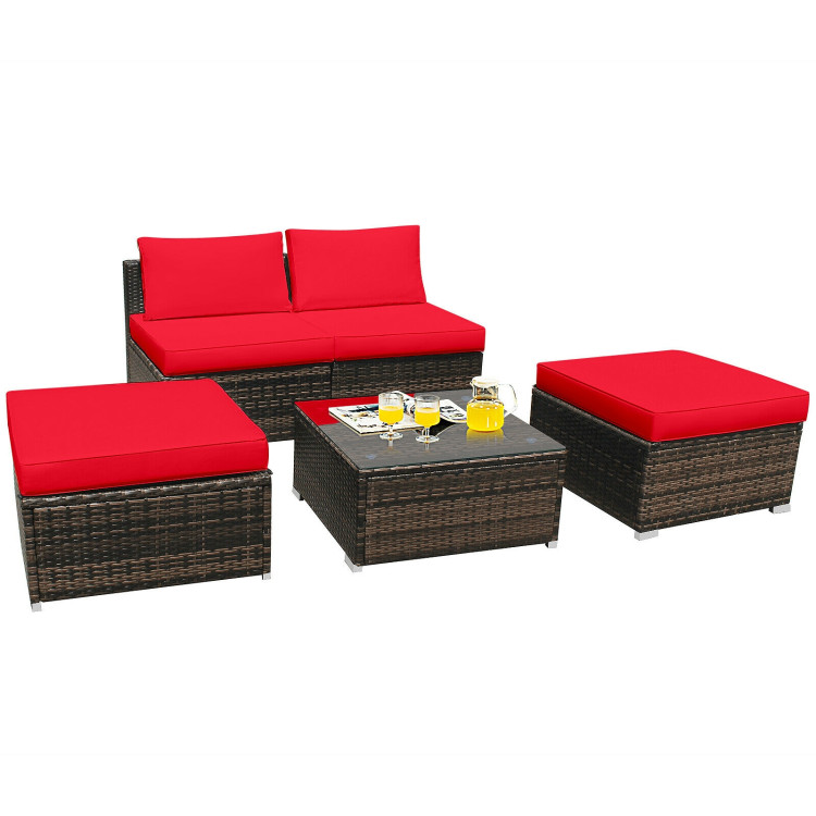 5 Pieces Patio Rattan Furniture Set with Cushioned Armless Sofa-RedCostway Gallery View 3 of 12