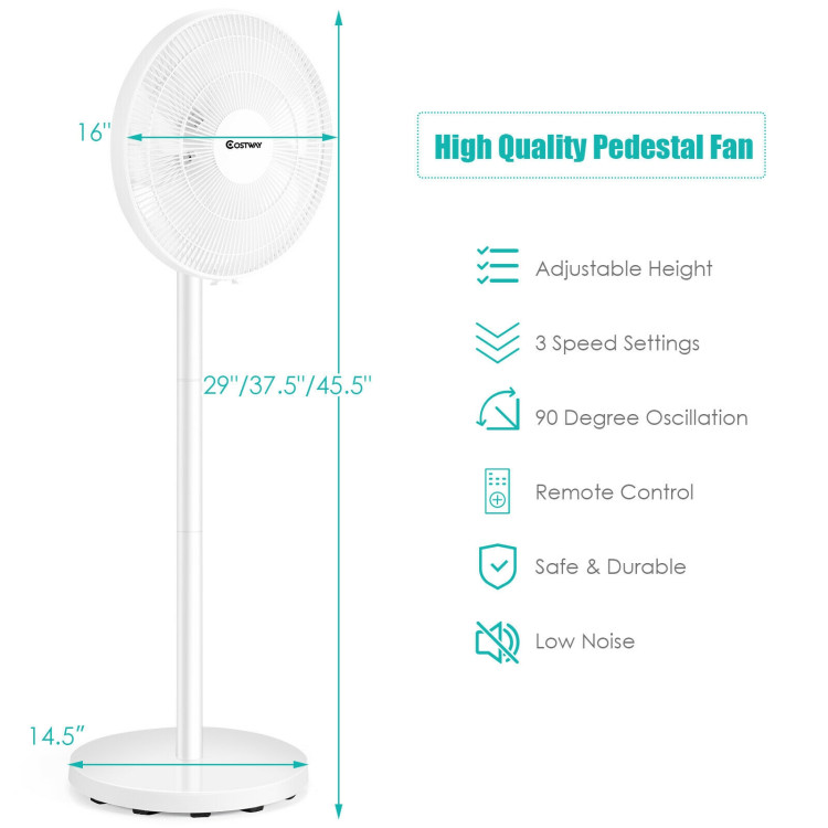 16 Inch Oscillating Pedestal 3-Speed Adjustable Height Fan with Remote Control-WhiteCostway Gallery View 4 of 11