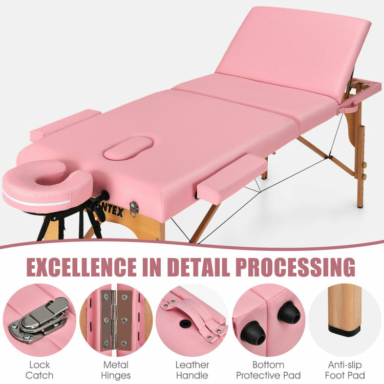 3 Fold Portable Adjustable Massage Table with Carry Case-PinkCostway Gallery View 5 of 12
