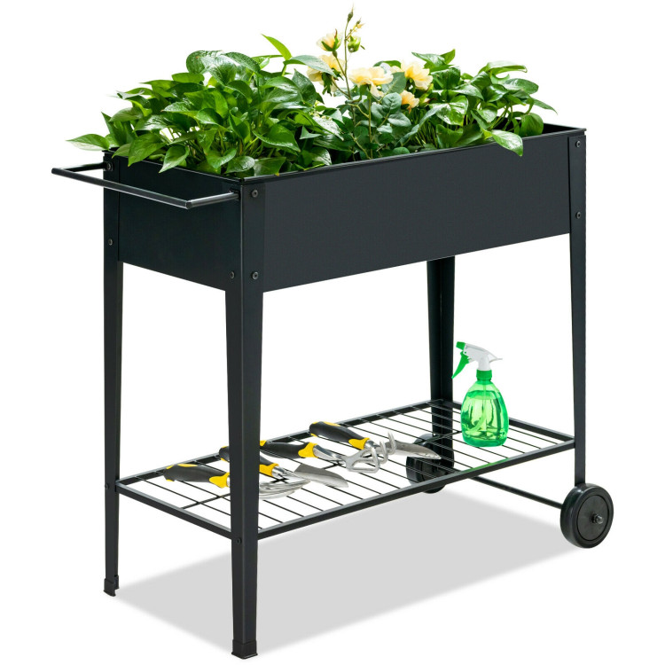 Raised Garden Bed Elevated Planter Box on Wheels Steel Planter with Shelf-BlackCostway Gallery View 10 of 12
