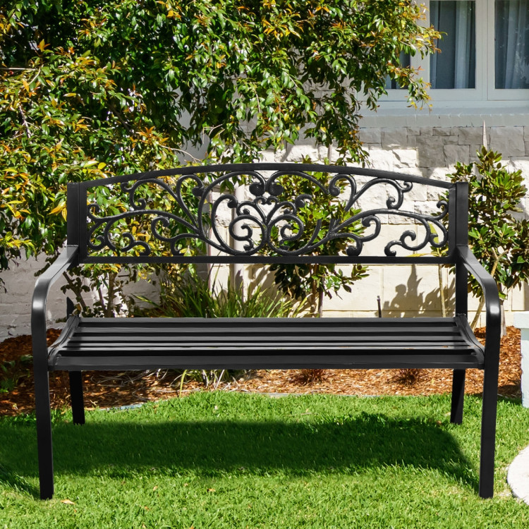 50 Inch Patio Park Steel Frame Cast Iron Backrest Bench Porch ChairCostway Gallery View 7 of 11