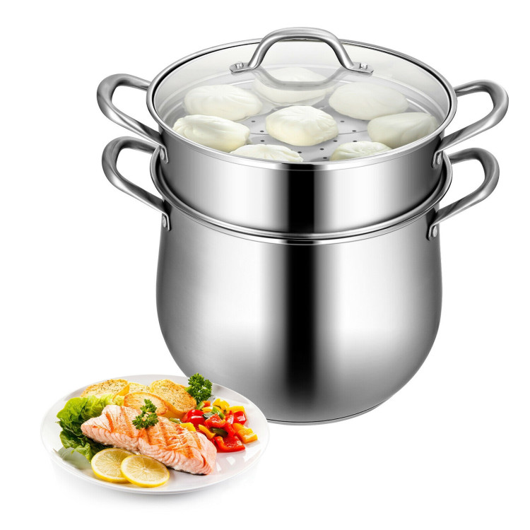 2-Tier Steamer Pot Saucepot Stainless Steel with Tempered Glass LidCostway Gallery View 10 of 12