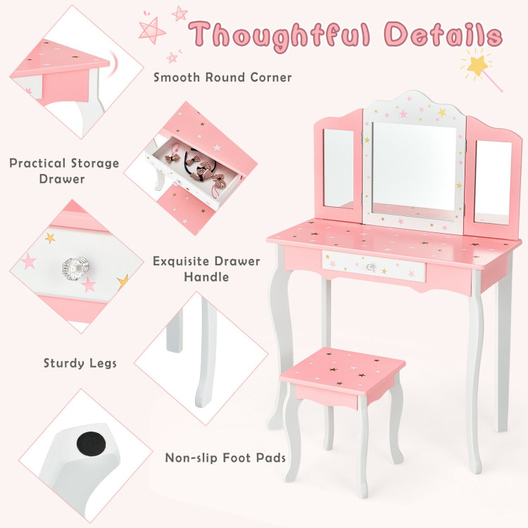 Kids Princess Vanity Table and Stool Set with Tri-folding Mirror and Drawer-PinkCostway Gallery View 5 of 12