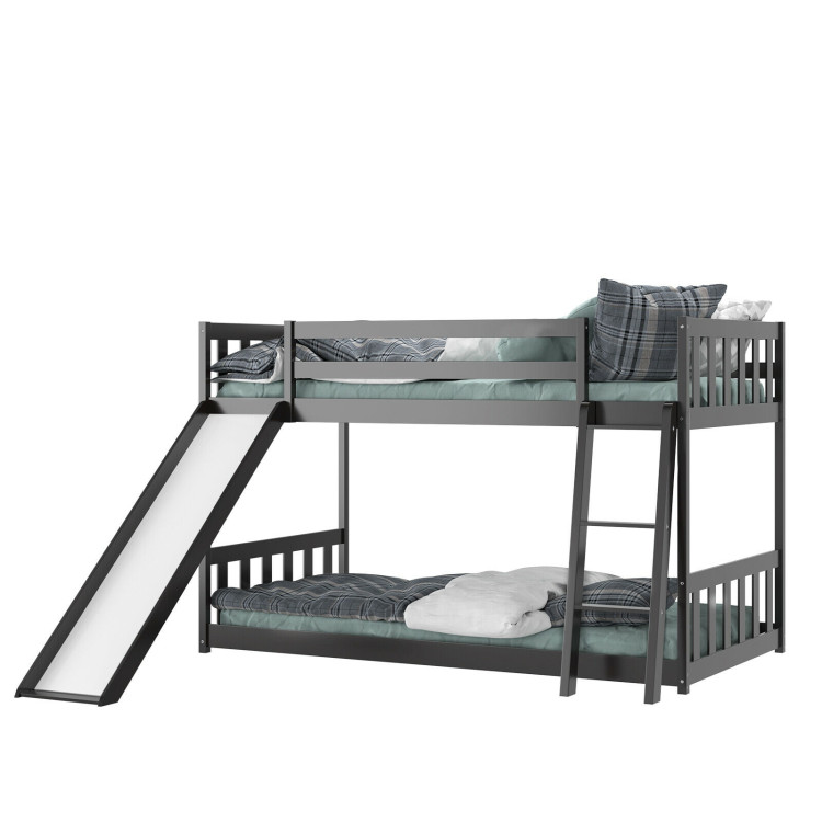 Twin over Twin Bunk Wooden Low Bed with Slide Ladder for Kids-Dark BrownCostway Gallery View 9 of 12