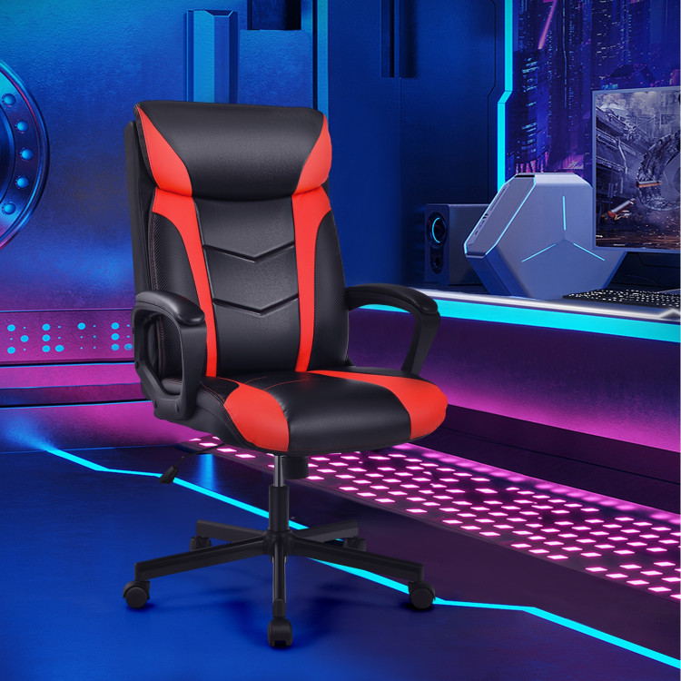 Swivel PU Leather Office Gaming Chair with Padded Armrest-RedCostway Gallery View 2 of 13